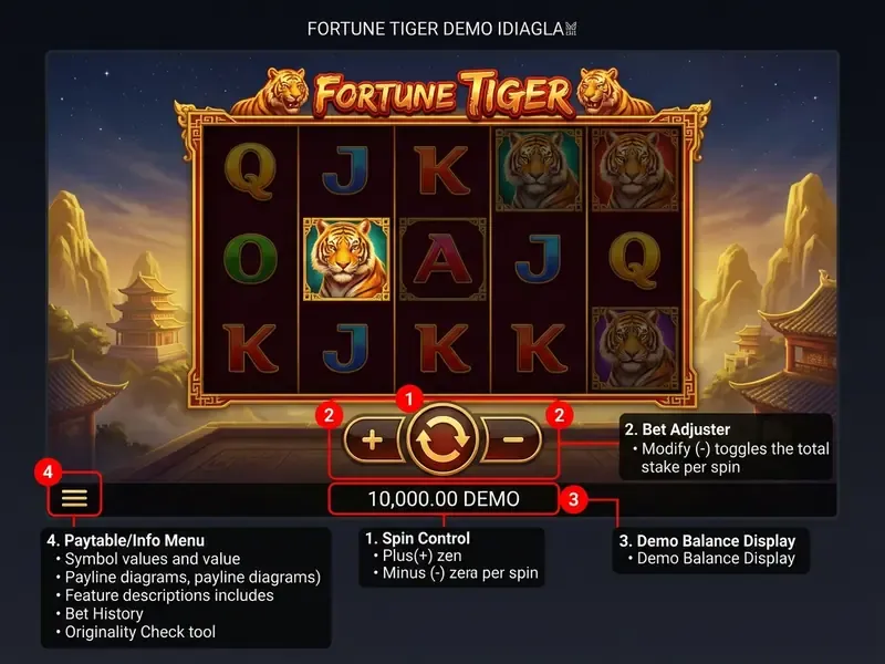 fortune tiger demo interface showing spin button bet control and demo balance