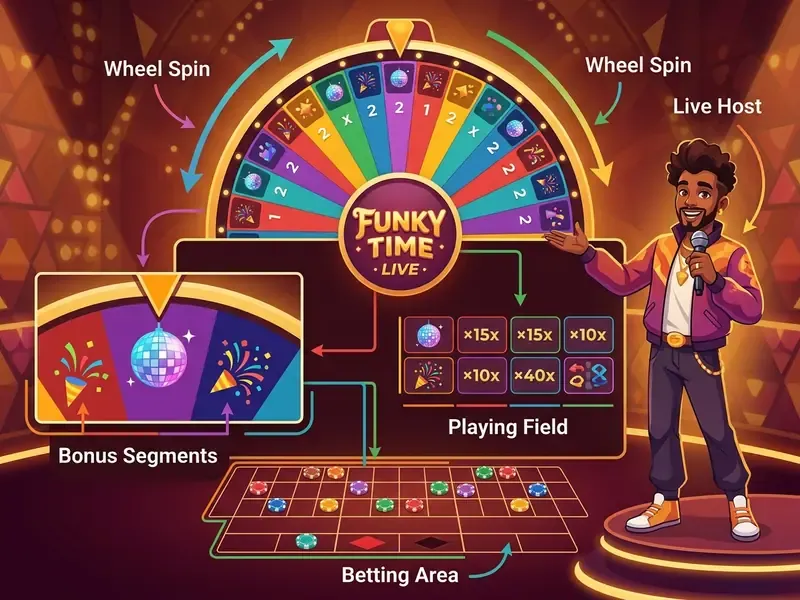 Funky Time Live game show and wheel spin interface with DigiWheel, betting layout for numbers, letters and bonus segments, and live host video feed